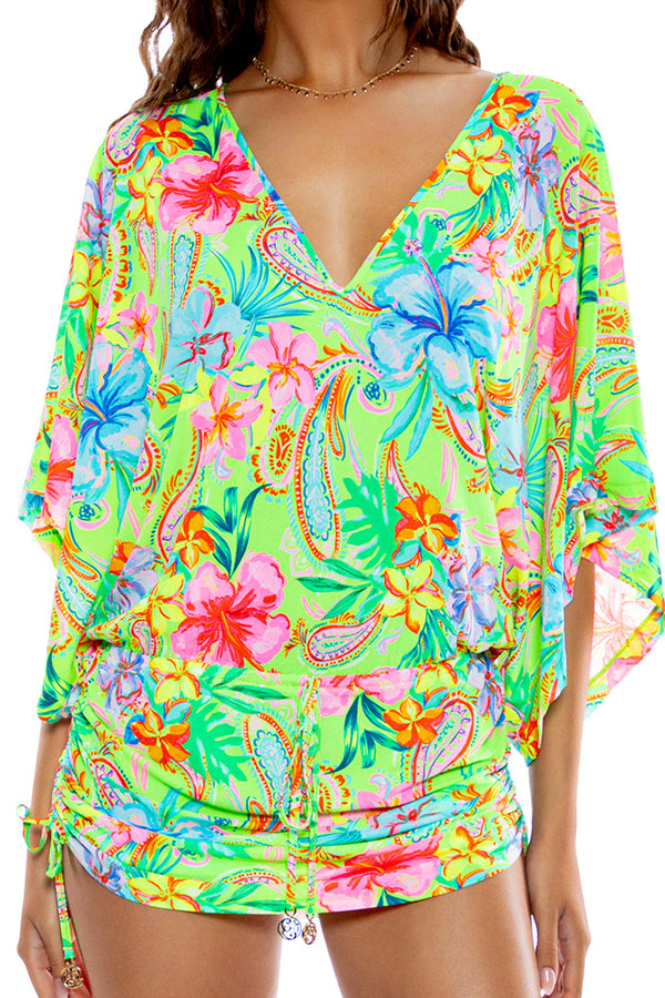 Luli Fama Hibiscus Dream Cabana V Neck Dress